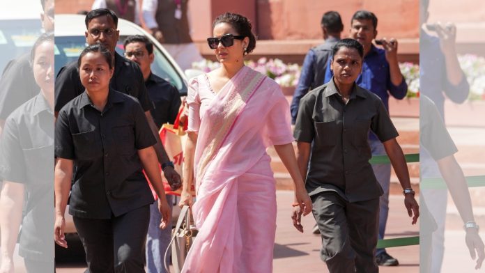 நாடாளுமன்ற பட்ஜெட் கூட்டத்தொடரின் போது நடிகையும் பாஜக எம்.பி.யுமான கங்கனா ரனாவத்தின் கோப்புப் படம் | பி.டி.ஐ.