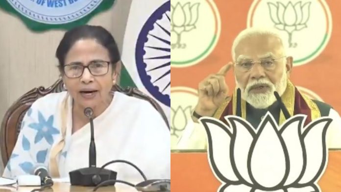 வியாழக்கிழமை செய்தியாளர் சந்திப்பில் மேற்கு வங்க முதல்வர் மம்தா பானர்ஜி, அலிப்பூர்துவார் பேரணியில் பிரதமர் நரேந்திர மோடி | X