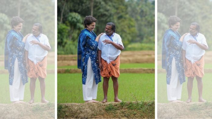 வயநாடு எம்.பி பிரியங்கா காந்தி வத்ராவுடன் பத்மஸ்ரீ விருது பெற்ற பிரபல விதை பாதுகாவலர் செருவயல் ராமன் | X/@SupriyaShrinate