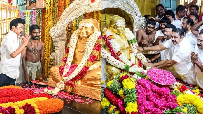 பசும்பொன் முத்துராமலிங்க தேவரின் 118வது பிறந்தநாளை முன்னிட்டு, அக்டோபர் 30, 2025 அன்று ராமநாதபுரத்தில் உள்ள அவரது சிலைக்கு தமிழக முதல்வர் மு.க. ஸ்டாலின் (இடது) மற்றும் அதிமுக பொதுச் செயலாளர் இபிஎஸ் (வலது) அஞ்சலி செலுத்தினர் | ANI