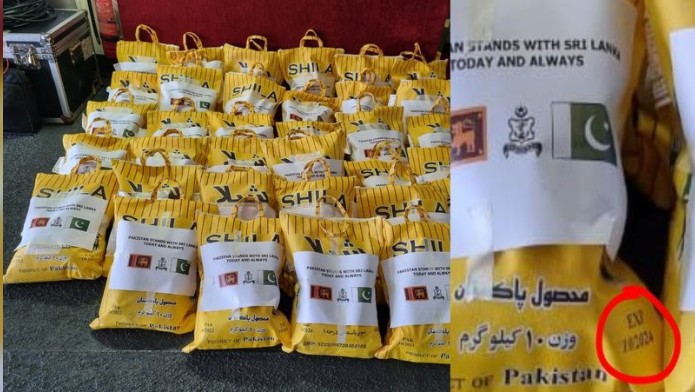 X இல் பரவும் படங்கள் பாகிஸ்தான் மற்றும் இலங்கை கொடிகள் பொறிக்கப்பட்ட மஞ்சள் உதவிப் பொட்டலங்களைக் காட்டுகின்றன, பைகளில் அச்சிடப்பட்ட அக்டோபர் 2024 காலாவதி தேதி | X/@ikaransharma27