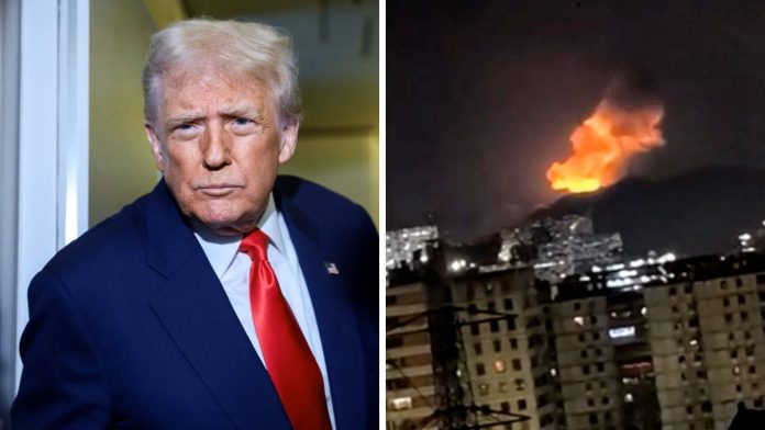 அமெரிக்கத் தாக்குதல்களுக்குப் பிறகு வெனிசுலாவின் கராகஸ் நகரில் புகை மண்டலங்கள் உயர்ந்து காணப்படும் காட்சி மற்றும் டொனால்ட் டிரம்பின் கோப்புப் புகைப்படம் | ராய்ட்டர்ஸ்