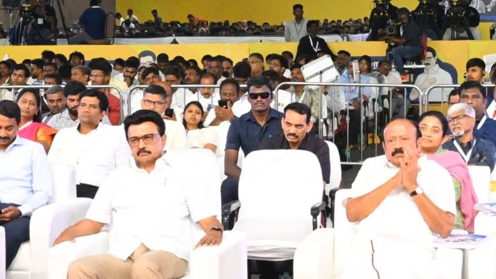 தமிழ்நாட்டில் முதல் திராவிட அரசின் 59வது ஆண்டு நிறைவையொட்டி நடைபெற்ற திமுக நிகழ்வில் தமிழக முதல்வர் மு.க. ஸ்டாலின் | ANI