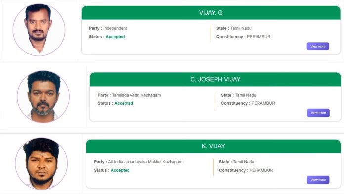 தமிழகத்தின் பெரம்பூர் தொகுதியில், TVK தலைவர் உட்பட 'விஜய்' எனப் பெயருடைய மூன்று வேட்பாளர்கள் போட்டியிடுகின்றனர் | ஆதாரம்: eci.gov.in