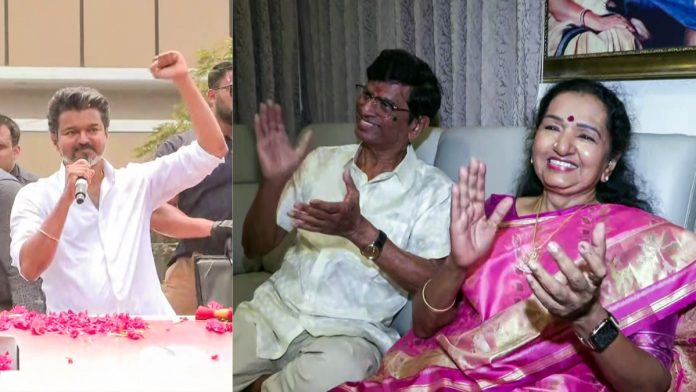தமிழகத் தேர்தலில் தனது கட்சியின் செயல்பாட்டைக் கொண்டாடும் தவெக தலைவர் விஜய் (கோப்புப் படம்) மற்றும் அவரது பெற்றோர் | ANI
