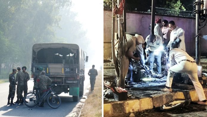 அமிர்தசரஸில் உள்ள காசா பகுதியில், ராணுவப் பாசறைக்கு அருகே நிகழ்ந்த வெடிப்புச் சம்பவ இடத்திற்கு அருகில் பாதுகாப்புப் படையினர் பணியில் அமர்த்தப்பட்டுள்ளனர்; (வலது) ஜலந்தரில் உள்ள எல்லைப் பாதுகாப்புப் படை (BSF) நிலையத்திற்கு அருகே தீப்பிடித்த ஸ்கூட்டரை பாதுகாப்புப் படையினர் ஆய்வு செய்கின்றனர் | புகைப்படங்கள்: PTI