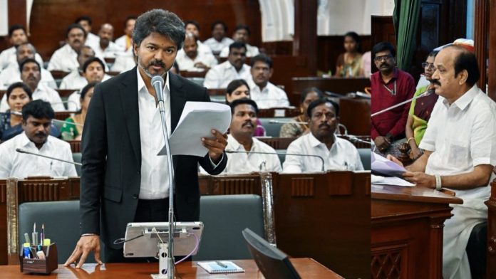 புதன்கிழமை அன்று சென்னையில் உள்ள தமிழக சட்டமன்றத்தில் தமிழக முதலமைச்சர் விஜய் உரையாற்றினார் | X@CMOTamilnadu/ANI