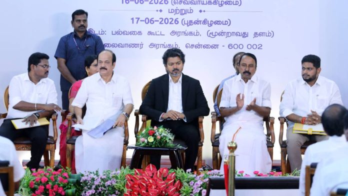 சென்னையில் செவ்வாய்க்கிழமை நடைபெற்ற தமிழ்நாடு சட்டமன்ற உறுப்பினர்களுக்கான இருநாள் அறிமுகப் பயிற்சி முகாமின் தொடக்க விழாவில், தமிழ்நாடு முதலமைச்சர் சி. ஜோசப் விஜய் | ஏஎன்ஐ