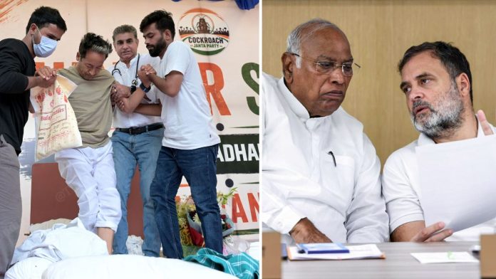 புது தில்லி ஜந்தர் மந்தரில் சுற்றுச்சூழல் ஆர்வலர் சோனம் வாங்சுக் மேற்கொண்டு வரும் உண்ணாவிரதப் போராட்டத்தின் 18-வது நாளில், 'காக்ரோச் ஜனதா பார்ட்டி' நிறுவனர் அபிஜீத் டிப்கே மற்றும் பிறர் அவருக்கு எழுந்து நிற்க உதவுகின்றனர்; காங்கிரஸ் தலைவர்கள் மல்லிகார்ஜுன கார்கே மற்றும் ராகுல் காந்தி | சூரஜ் சிங் பிஷ்ட்/ANI
