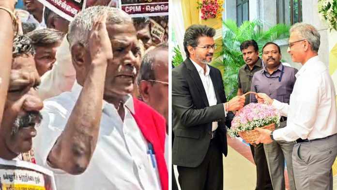தமிழ்நாட்டின் தவெக அரசுக்கு எதிராகப் போராடும் சிபிஐ(எம்) மாநிலச் செயலாளர் பி. சண்முகம் (வலது); மற்றும் ஒரு கூட்டத்திற்காகத் தமிழ்நாடு இல்லத்திற்கு வருகை தந்த முதலமைச்சர் சி. ஜோசப் விஜயை தலைமைச் செயலாளர் எம். சாய் குமார் வரவேற்கும் காட்சி | ஏஎன்ஐ (ANI) கோப்புப் படங்கள்