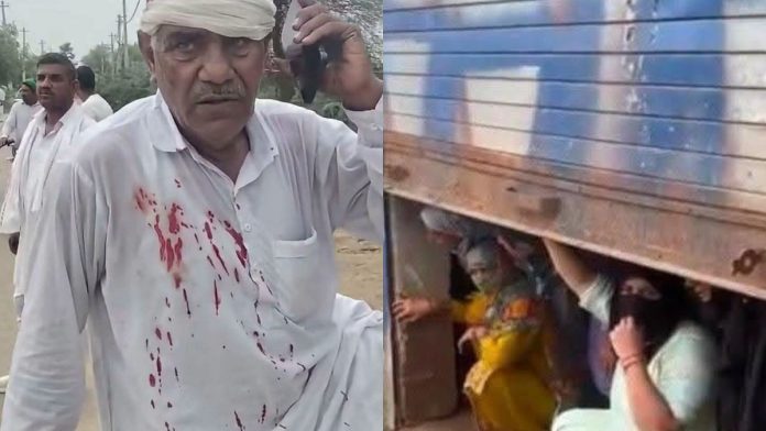 காவல்துறையுடனான மோதலில் காயமடைந்த விவசாயி; மற்றும் (வலதுபுறம்) சனிக்கிழமை காலை ஹான்சியில் மோதல்களிலிருந்து தப்பிக்க தஞ்சம் புகுந்த மக்கள் | சிறப்பு ஏற்பாட்டின் பேரில்