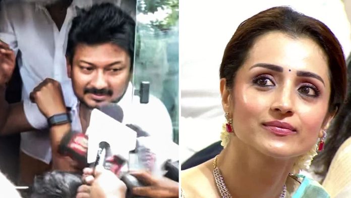 சென்னையில் செவ்வாய்க்கிழமை அன்று காவல்துறையினரால் தடுத்து வைக்கப்பட்ட பிறகு, திமுக தலைவர் உதயநிதி ஸ்டாலின் செய்தியாளர்களைச் சந்திக்கிறார்; (வலதுபுறம்) நடிகை திரிஷாவின் கோப்புப் படம் | ANI