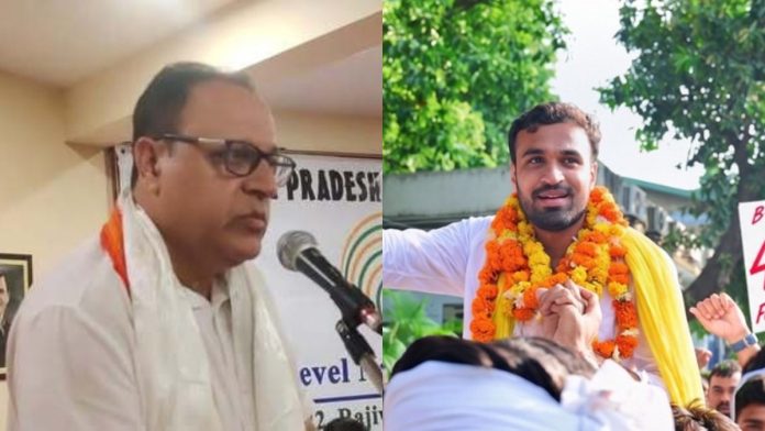 DUSU தேர்தலில் NSUI வேட்பாளர் காங்கிரஸ் தலைவர் மணீஷ் சத்ரத் மற்றும் அவரது மகன் வைரல் சத்ரத் ஆகியோரின் புகைப்படங்கள். | Facebook/X/@ChatrathVir