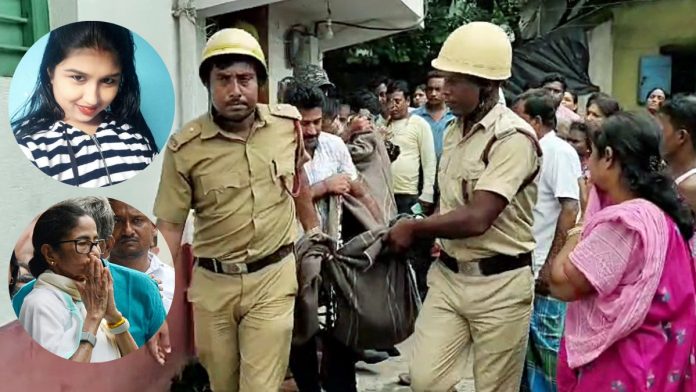 செவ்வாய்க்கிழமையன்று பீர்பூமில் மம்தா பானர்ஜியின் மருமகளின் (சிறிய படத்தில் உள்ளவர்) உடல் காவல்துறையினரால் எடுத்துச் செல்லப்படுகிறது | ANI/சிறப்பு ஏற்பாடு